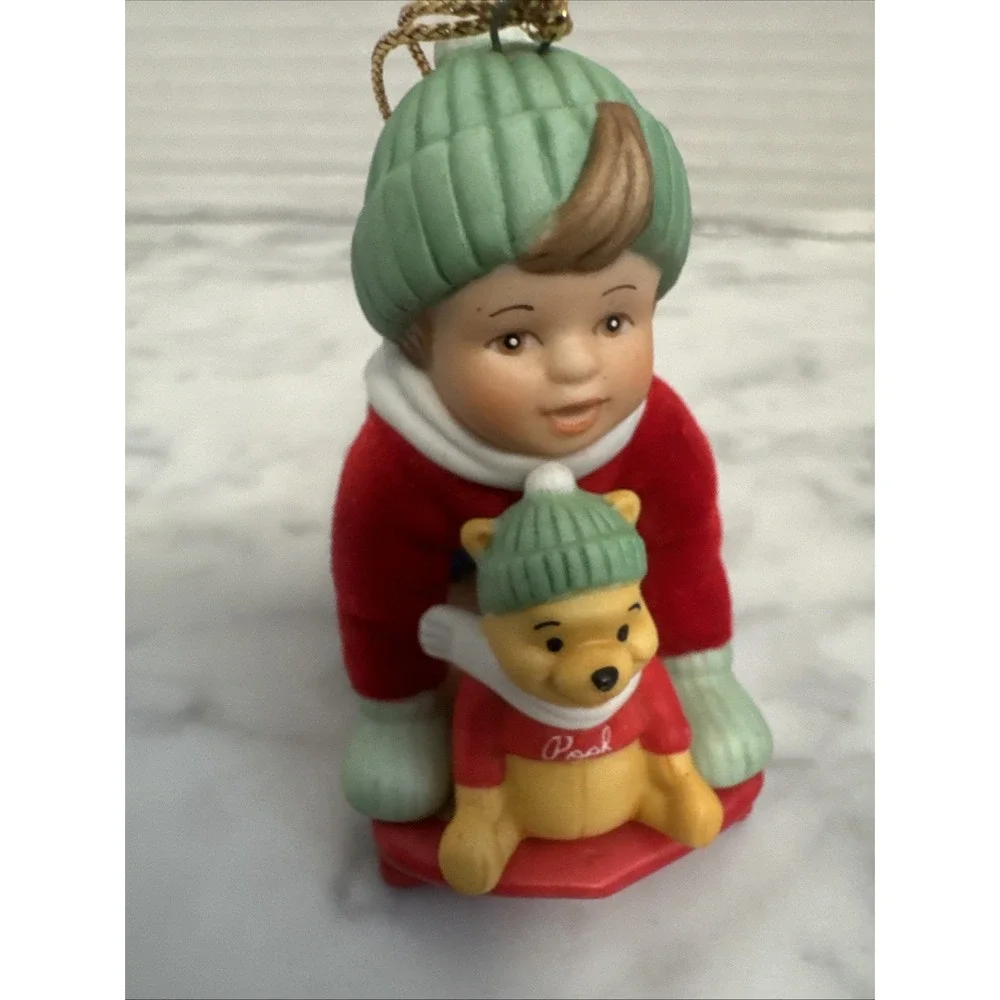 Disney Ashton Drake ornament Hold on Pooh sled ceramic and felt boy sledding‎